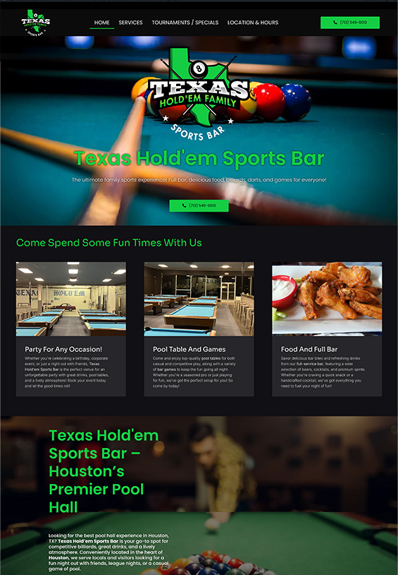 Texas Hold'em Family Sports Bar Website made by One Source Web Development